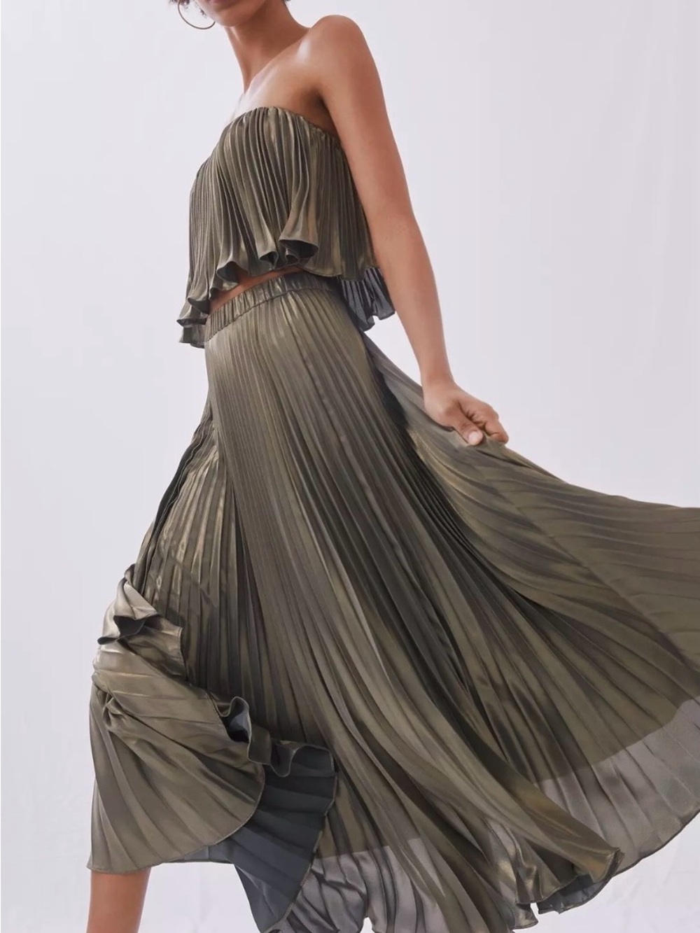 Anthropologie Olive Pleated Maxi Skirt Set